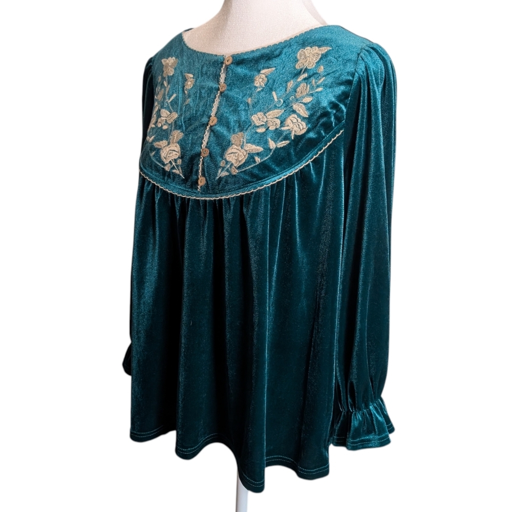 Umgee Emerald Green Velvet Peasant Boho Long Sleeve Blouse Women's Size Small - Picture 5 of 8
